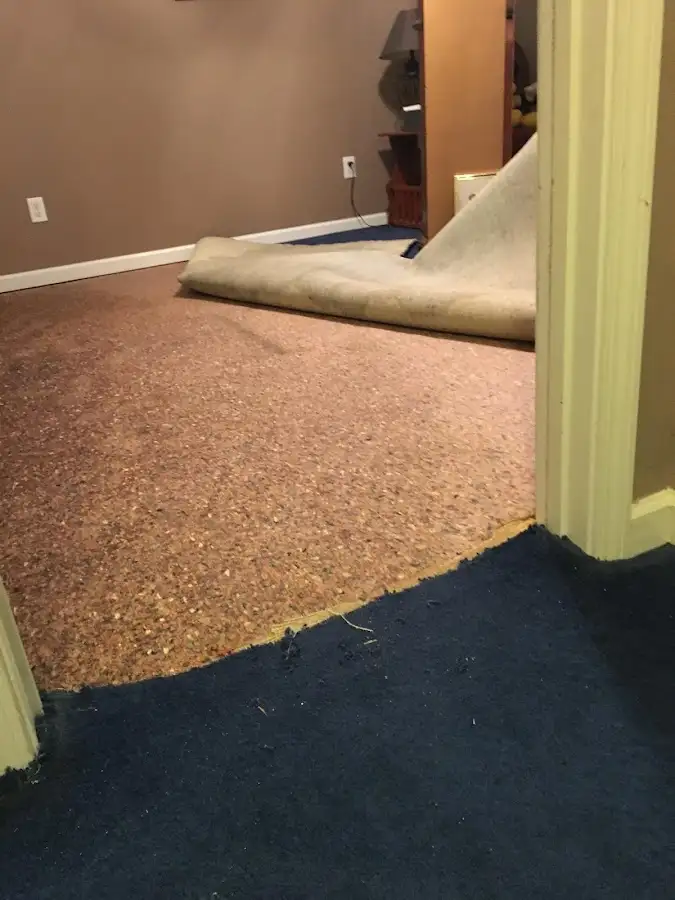 Carpet pad removal revealing water damage during Drying & Dehumidification in Decatur